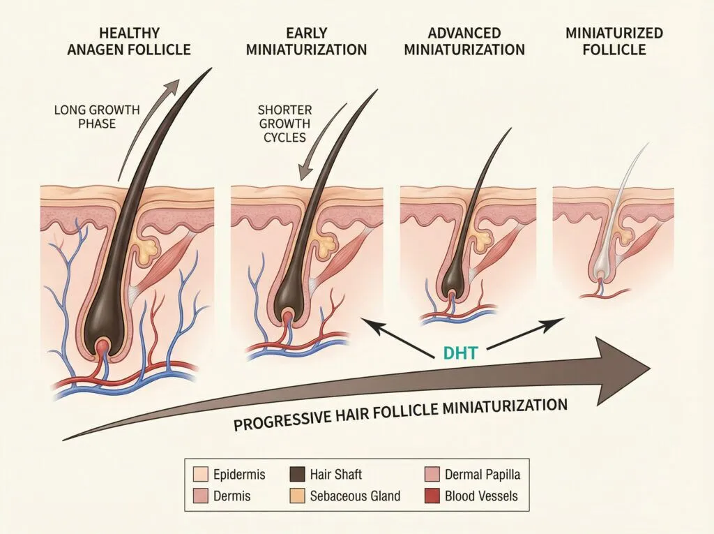 Diagram showing progressive hair follicle miniaturization from a healthy anagen follicle with a long growth phase, through early and advanced miniaturization with shorter growth cycles driven by DHT, to a miniaturized follicle producing a fine vellus hair