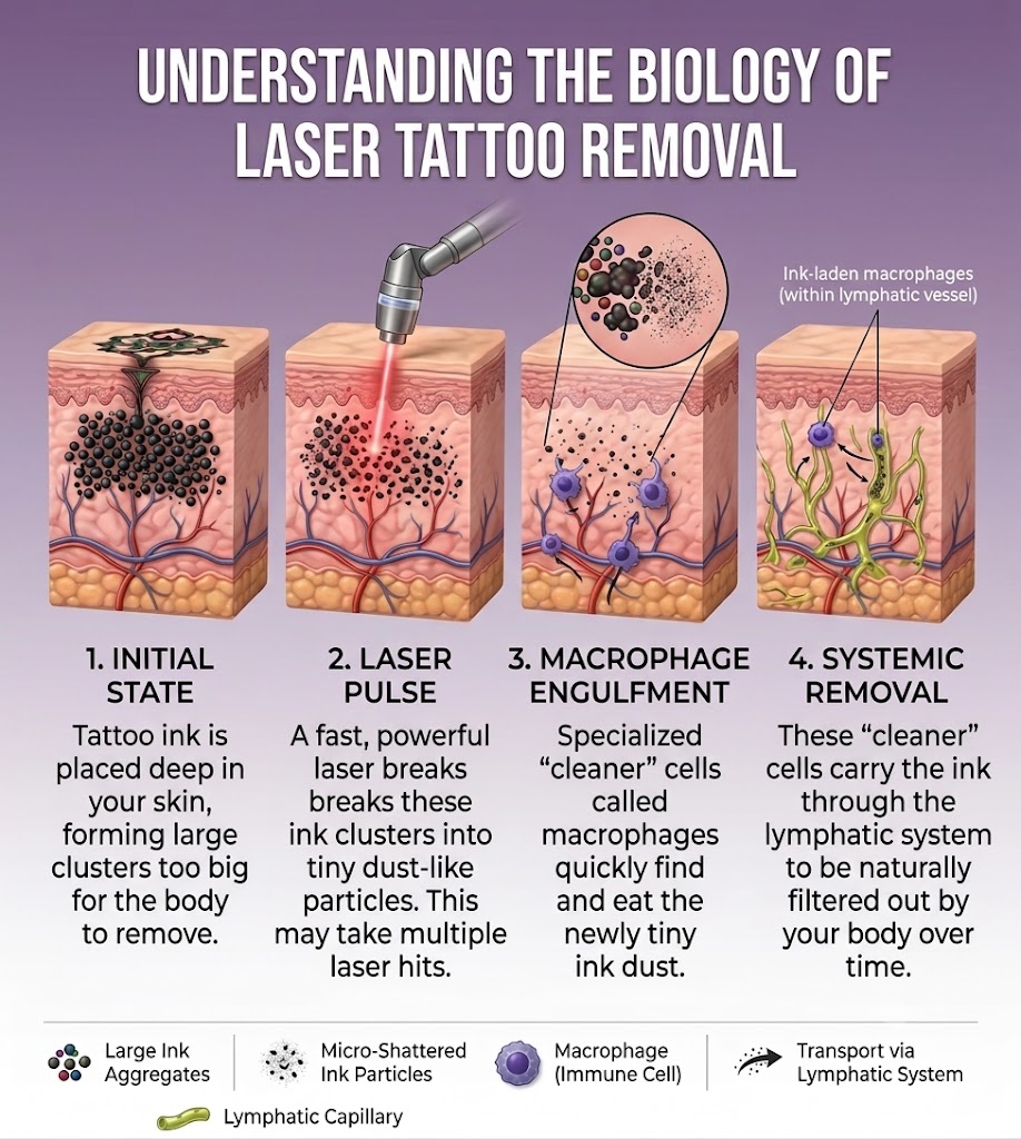 Diagram: Understanding the biology of laser tattoo removal — initial state, laser pulse, macrophage engulfment, systemic removal